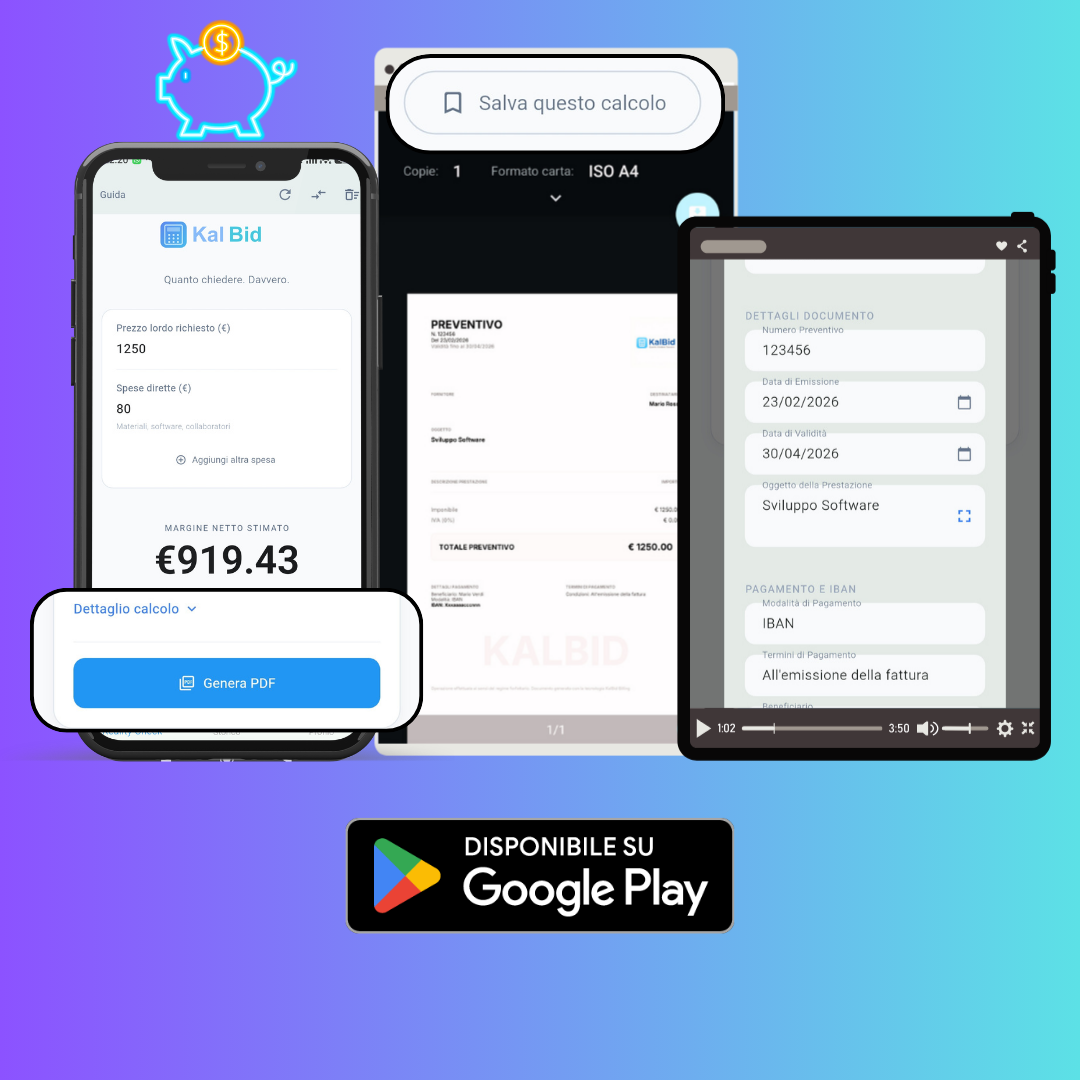 KalBid software preventivi PMI e app freelance su Android - calcolo margine aziendale e preventivi PDF professionali